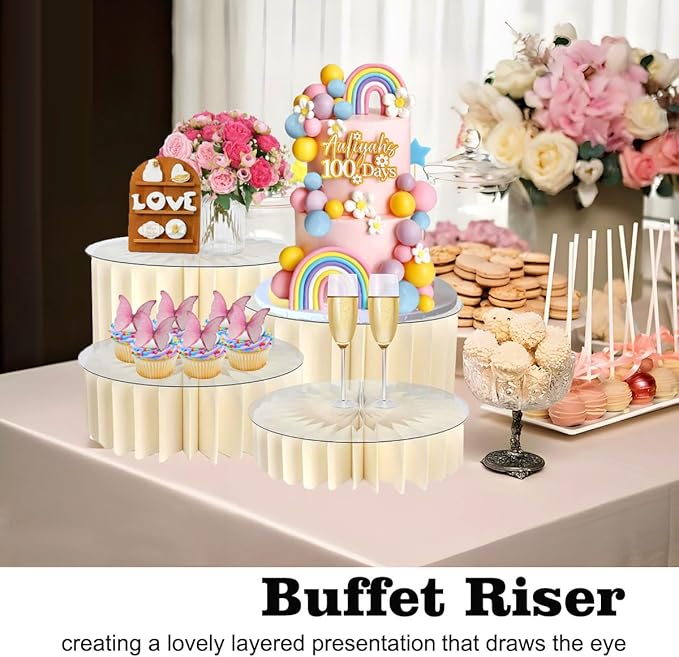 Albassa 4 PCS Buffet Risers Food Risers for Buffet Table Foldable Cardboard Food Display Stands with PVC Plates for Party Wedding Show Catering Desserts Jewelry (White, 4 PCS)