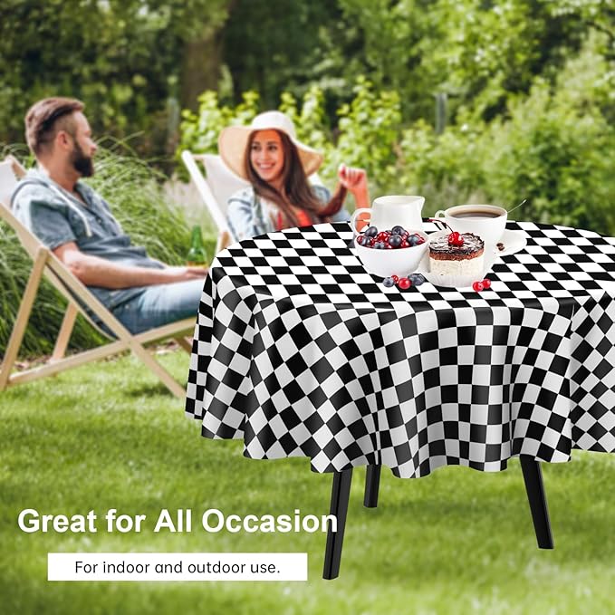 QIKSION Black and White Gingham Round Tablecloth 12 Pack, 84 Inch Plastic Checkered Table Cover Disposable for Parties