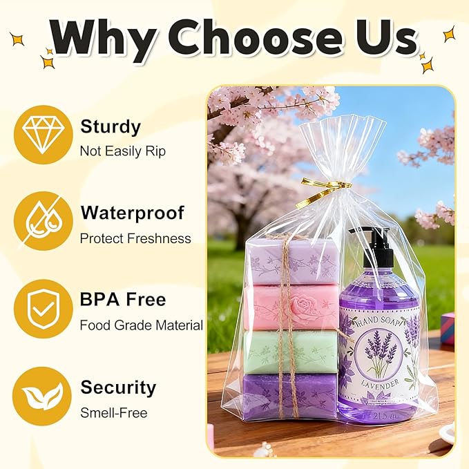 PigPotParty 12"x 16", 50Pcs Bottom Gusset Bags, Clear Plastic Cellophane Gift Mug Treat Goodie Bags with 50x Twist Ties, Large Party Favor Packaging, Toy Wrapping (No Side Gusset)