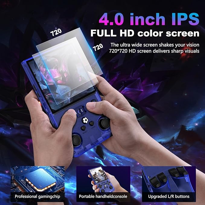 R36MAX Retro Handheld Game Console, 4.0 Inch 720x720 IPS Screen, Built-in 18,000+ Classic Game, Portable Hand Held Open Source Linux System, 4000mAh Battery Retro Gaming Console (Blue 64GB)