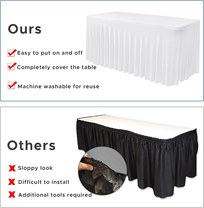Nasitos White Table Skirt for 8 Foot Rectangle Tables, 4 Pack - 96 x 30 Inch - Stretch Spandex Fitted Table Clothes, Fabric Table Covers Cocktail Tablecloths for Party, Banquet, Birthday