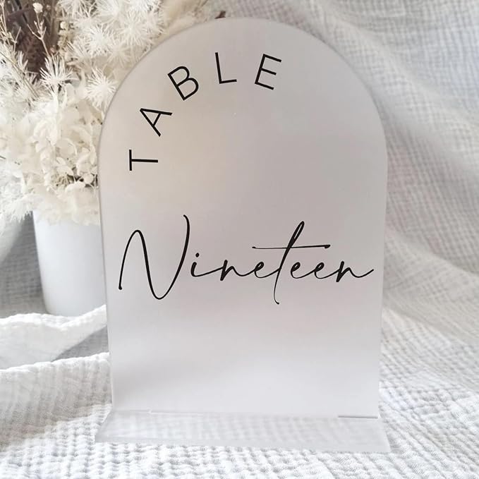 JINMURY Frosted Arch Wedding Table Numbers 1-30 with Stands, 5x7 Inch Frosted Arch Acrylic Sign with Black Letters, Arched Acrylic Table Numbers for Wedding Reception