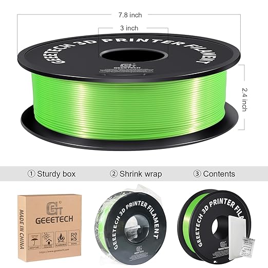 Geeetech Silk PLA Filament 1.75mm 3D Printer Filament Apple Green, Metal-Like Shiny Silk PLA Filament, 1kg (2.2lbs) 1 Spool, Dimensional Accuracy +/- 0.02 mm, Bright Green