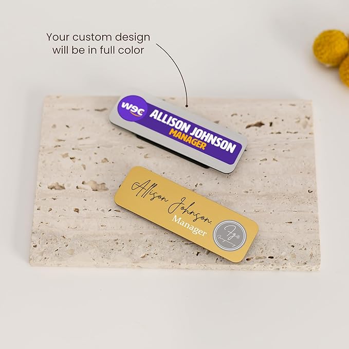 Personalized Name Tag Badges Identification Customized with Text & Logos, Acrylic Name ID for Clothing with Pin or Magnetic Backing, Gold & Silver Plates for Business or Employees (Your own Design)