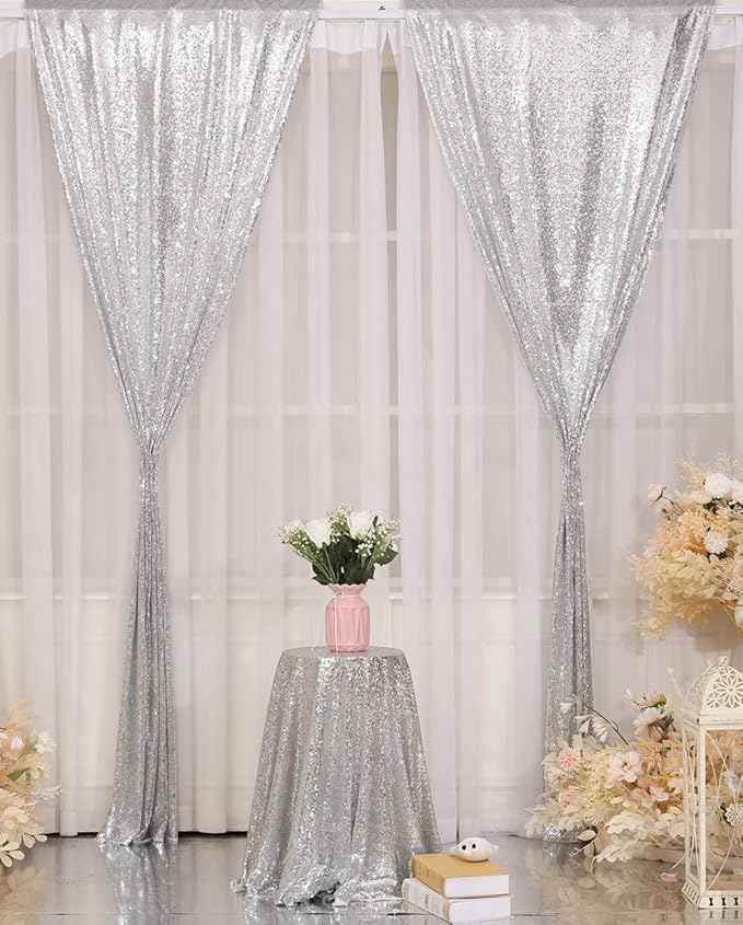 Poise3EHome Silver Sequin Backdrop Curtain, 2 PCS 5FT x 10FT Sequin Panels for Backdrop,Sequence Wedding Party Background Drapes