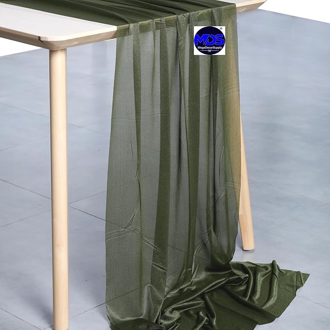 MDS 20 Pack 10ft Chiffon Table Runner 29 x 120 Inches Sheer Wedding Runner Romantic Rustic Table Runner for Wedding Decorations, Birthday Parties, Bridal Shower Party Arch Decor - Olive Green