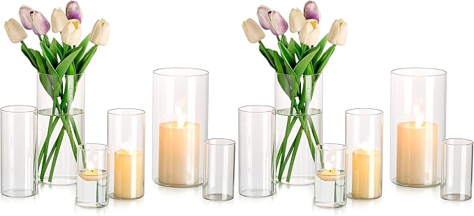 Glasseam Cylinder Vases Set of 12, Hurricane Candle Holder Clear Different Sizes, Modern Glass Cylinder Vase, Glass Vases for Centerpieces for Home Decor Wedding Centerpieces, Events, 4''+ 6''+7.8''