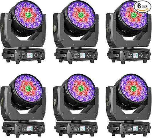19x10W Moving Head Light Focusing/Beam/Wash/Zoom Effect Stage Lights 4-in-1 LED DMX512 & Sound Activated Control for DJ Disco Nightclub KTV Bar Theater Shopping Mall (6 PCS