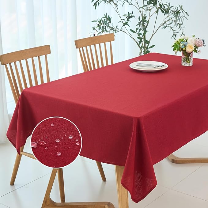 maxmill Linen Textured Rectangular Tablecloth Water Resistant Wrinkle Free Spill-Proof, Soft Table Cloth for Dining Room Christmas Decoration, Banquet Party Holiday Webbing Dinner, 60 x 84 Inch Red