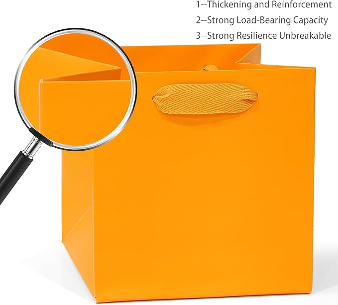 Orange Paper Gift Bag Small Square Bottom Kraft Paper Bags with Handles for Halloweens Wedding Baby Shower Birtyday Party (Orange, 6 x 6 x 6 in, 10 CT)