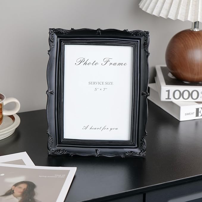 Cuspin Vintage 5x7 Picture Frame Black, Handmade Resin Frame with Carved Texture & Glass Front, Antique Retro Design for Tabletop Display or Wall Hanging, Black Photo Frames Home Decor