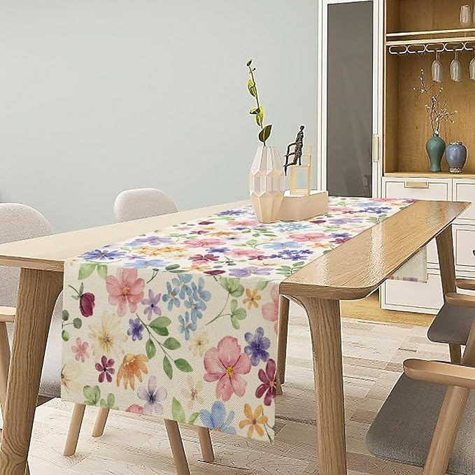 Floral Decorative Table Runner, Watercolor Floral Botanical Rustic Modern Style Pattern Printed Long Table Runner for Restaurant Kitchen Party,13in（33cm） W * 108in（274cm） L