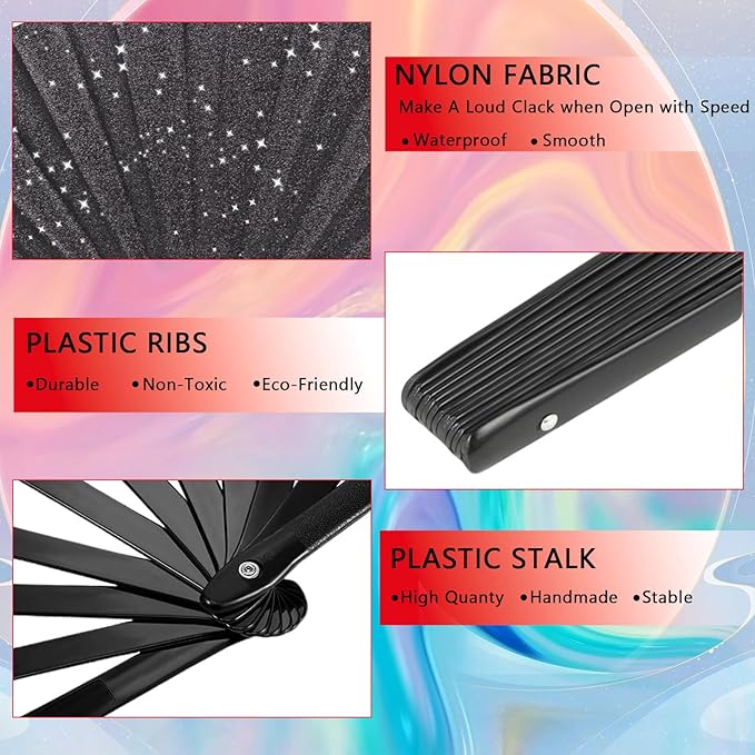 Glitter bling Large Folding Fan-Hand Fan Rave Clack Popping Fan for Line Dancing Clacking Fans for Boots On The Ground Dance, Party for EDM, Music Festival, Hot Flashes, Party, Decoration(3pcs black)