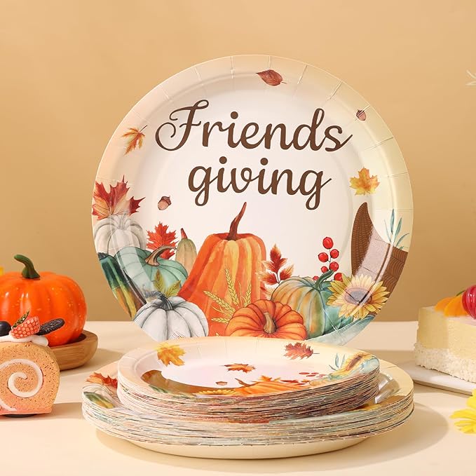 Friendsgiving Plates and Napkins Sets for 50 Guests, Thanksgiving Paper Plates and Napkins Party Supplies for Thanksgiving Friendsgiving Party Decorations