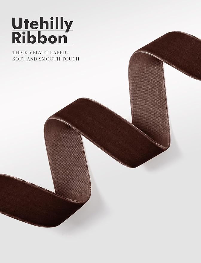 Brown Christmas Velvet Ribbon for Tree, Gift Wrapping, Flower Bouquet, Wreath Decorations, Bow Making 1'', 25 Yards