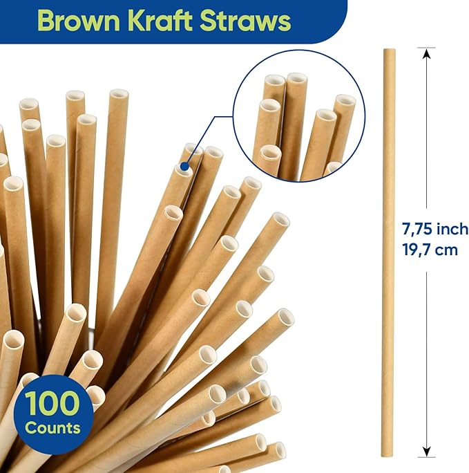 Brown Kraft Paper Straws for Drinking 7.75" x 0.24" - 100 Counts, for Bar, Restaurant, Food Supply, Catering