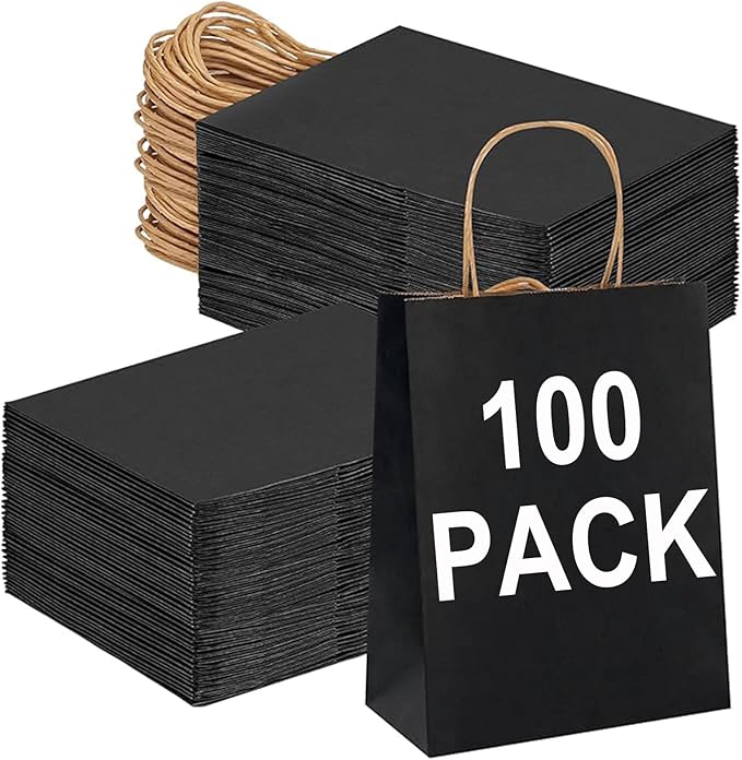 100 Pack Medium 5.9x3.1x8.25Inch Black Kraft Paper Gift Bags with Handles for Bulk Shopping, Retail, Craft, Party Favors, Wedding, Grocery & Sacks