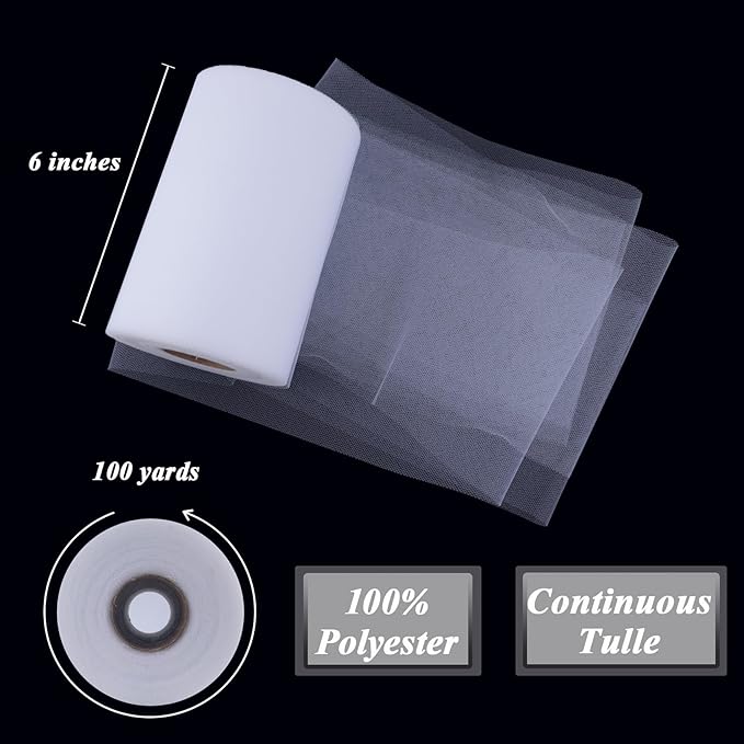 White Tulle Fabric Roll 6 Inch X 100 Yards (300ft) Mesh Tulle Ribbon for Gift Wrapping, Tutus, Wedding, Party Decorations, DIY Crafts