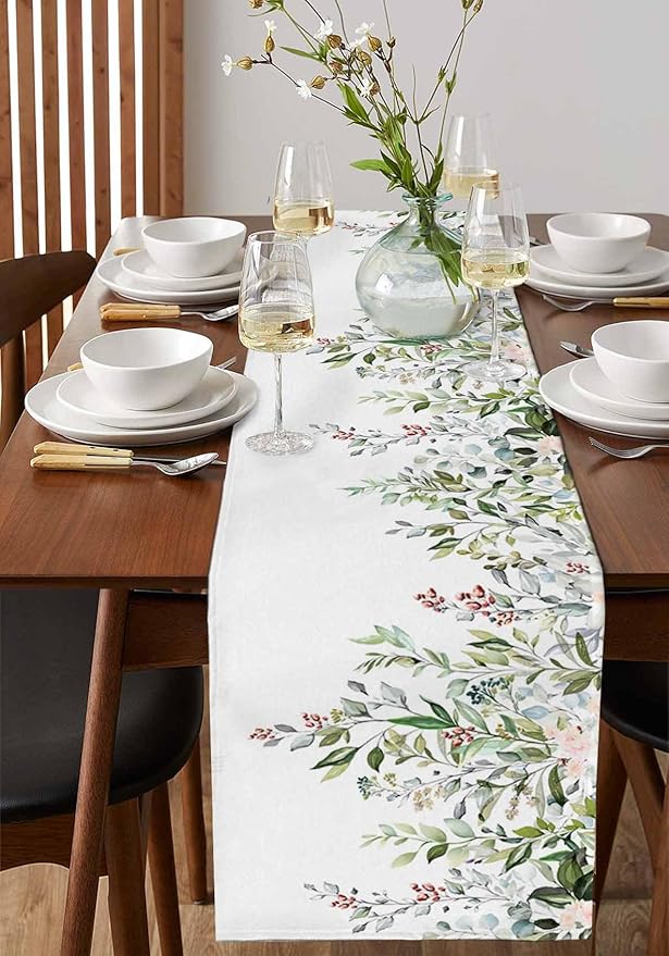 Botanical Eucalyptus Cotton Linen Table Runner for Dining Kitchen, Wedding Outdoor Party Tablerunners Decoration, Sage Green Leaves Elegant Floral Dresser Scarf Coffee Tablecloth Runners 13x60 Inches