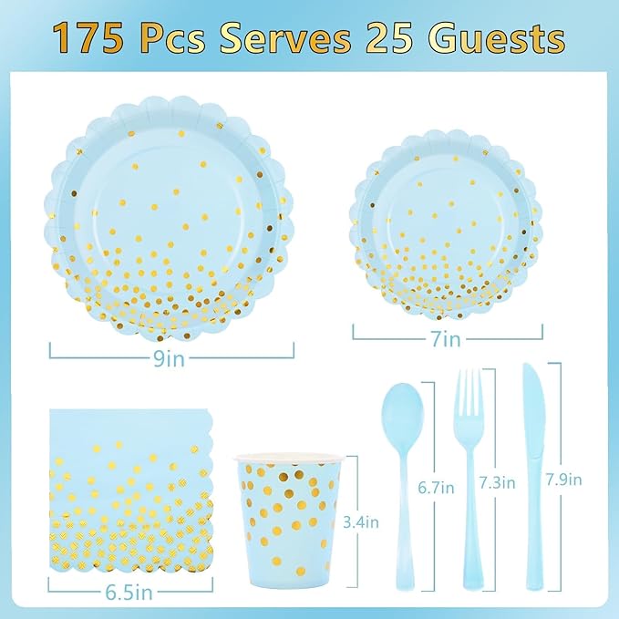 Blue and Gold Party Decorations 175PCS Light Blue Paper Plates and Napkins and Cups With Blue Plastic Forks Knives Spoons for Wedding Birthday Party Baby Shower Decorations Boy