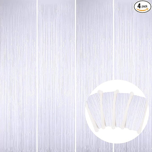 BEISHIDA 4 Pcs White Door Streamers Tinsel Curtain Party Streamers Backdrop Fringe Foil Wall Background for Birthday Halloween Christmas Wedding Party Decoration(3.28 ft x 6.56 ft)