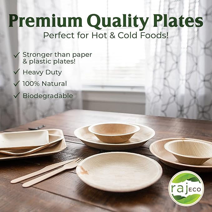 Raj Palm Leaf Plates Plates like Bamboo plates Disposable, Decorative Compostable Tableware for wedding, Lunch, Dinner, Birthday, Camping, Outdoor BBQ, Picnic (9.5"x50 7"x50 (100 Pack))