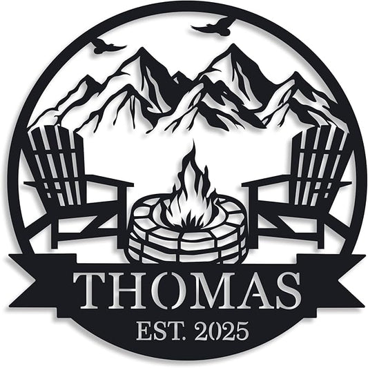 Personalized Campfire Family Name Sign, Monogram Name Camping Sign, Custom Campfire Sign, Campsite Sign, Mountain Campfire Monogram Sign, Campfire Personalized Metal Sign, Last Name Sign