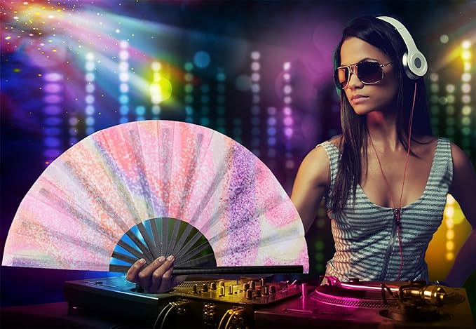 Amajiji Large Folding Hand Rave Fan Popping Fan for Line Dancing Clacking Fans for Boots On The Ground Dance,Party,Decoration,Festival (Psychedelic Neon)
