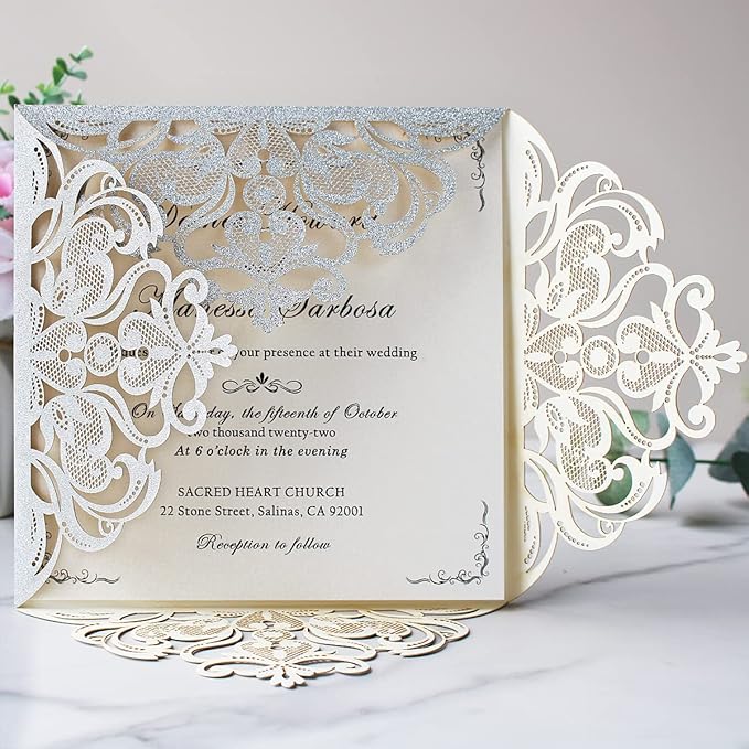 Hosmsua 50PCS Personalized Silver Glitter Laser Cut Wedding Invitation Cards With Envelopes 6.3 x 6.3 Inch Hollow Lace Rose Pocket and for Quinceanera Wedding Invite (Silver Glitter)
