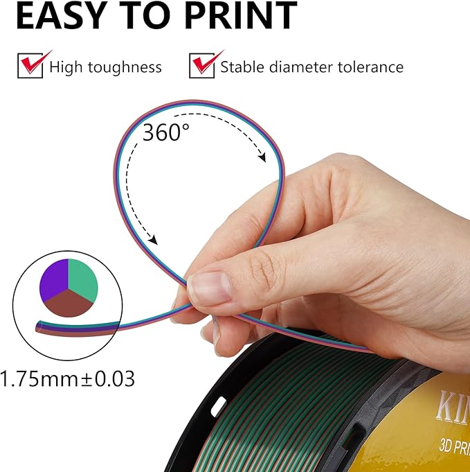 Kingroon Silk PLA Triple Color,3D Printer Filament,Pla Filament 1.75mm,Multicolor Filament 1KG,Dimensional Accuracy +/- 0.03mm,for Most FDM 3D Printer,Green Purple Copper