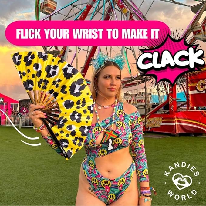 Kandies World UV Reactive Custom Festival Folding Hand Fan - Unique Designs, Made of Bamboo, Clacking Sound, Lightweight - Perfect Rave and Festival Accessory!