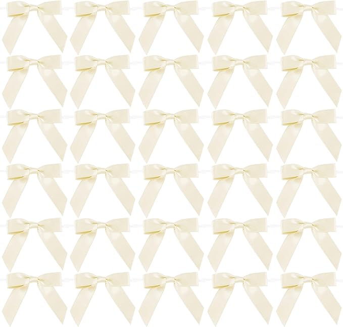 AIMUDI Ivory Bows 2.5" Pretied Satin Ribbon Bows Premade Twist Tie Bow for Treat Bags Cake Pop Bow for Wedding Favors Mini Bows for Gift Wrapping Baby Shower Decorations - 50 Counts