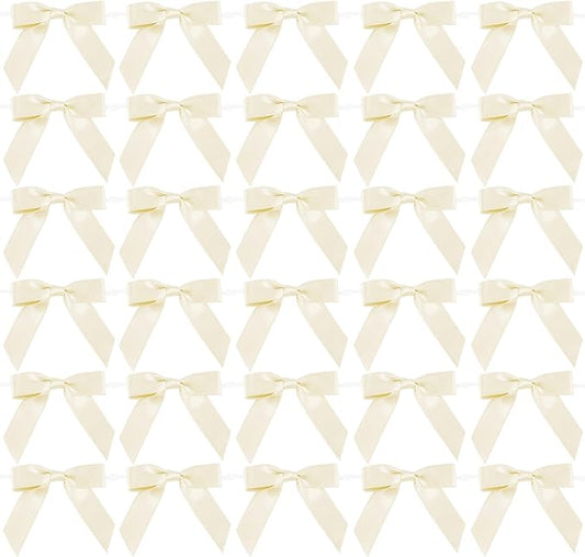AIMUDI Ivory Bows 2.5" Pretied Satin Ribbon Bows Premade Twist Tie Bow for Treat Bags Cake Pop Bow for Wedding Favors Mini Bows for Gift Wrapping Baby Shower Decorations - 50 Counts