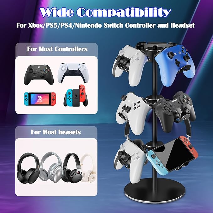 Controller Holder Stand 3 Tiers, Rotatable Gaming Headset Stand Compatible with Xbox PS5 PS4 Nintendo Switch Pro, Aluminum Headphone Organizer Rack, Desktop Gampads Holder, Black