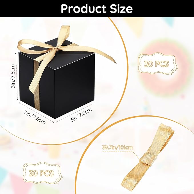 EUSOAR Candy Boxes Party Favors, 30pcs 3x3x3 Inches Black Gift Boxes Mini Bakery Cookies Box with Gold Ribbon, Square Paper Chocolate Containers for Wedding Birthday Bridal Party Favor Decoration