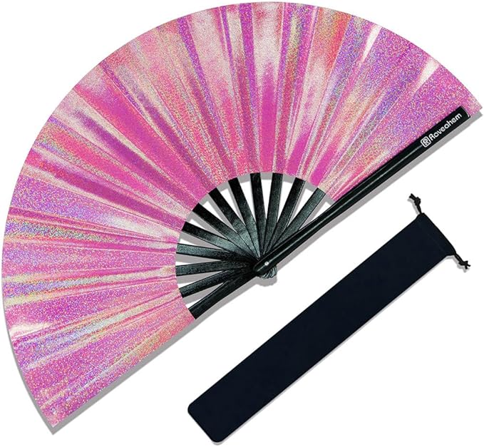 Large Rave Fan, Clack Folding Hand Fan with Premium Fabric, Thick Bamboo Frame for Men Women Gift for EDM, Festival, Club, Party, Dance, Decoration (Lridescent Pink, 13")