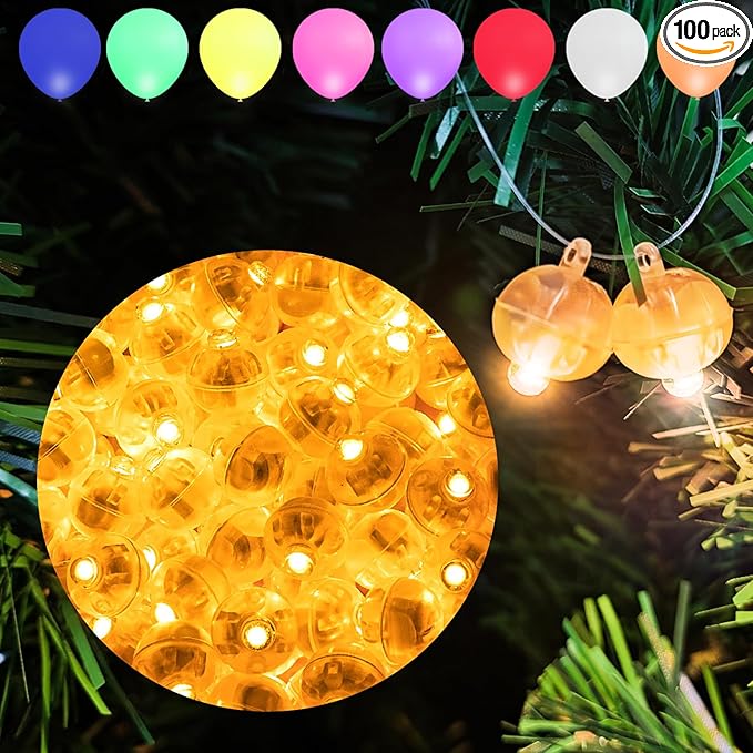 Aogist 100pcs Yellow Mini Lights with Hook,Long Standby Time Waterproof LED Balloon Light,Battery Powered,Ball Lamp for Balloon Paper Lantern Birthday Party Christmas Halloween (Matching Tag Rope)