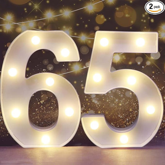 Pooqla Decorative LED Light Up Number Letters, White Plastic Marquee Number Lights Sign for 65th Birthday Party Wedding Decor, Battery Operated (65)