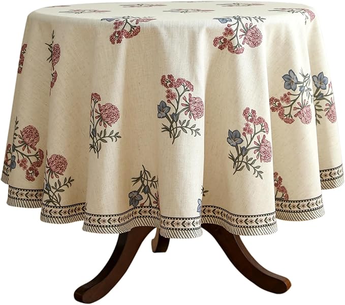 ISAENNE Designer Linen Light Beige Round Tablecloth,French Colorful Floral Table Cloth,Fall Stain Resistant Decor Tablecloths for Dining Thanksgiving Christmas Kitchen,Diameter 67"-Helena E