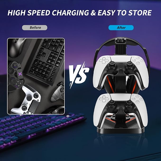 Universal Gaming Controller Stand Compatible with Xbox/PlayStation 5/PC | Headset Stand with 7-Color RGB Lighting Modes | 360° Rotatable Base & Detachable Hooks with Sturdy Anti-Slip Base