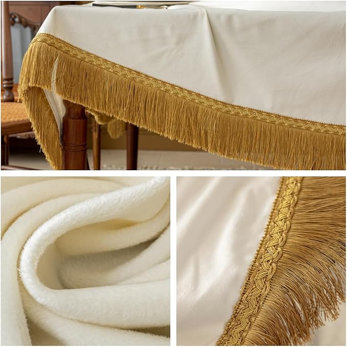 F-CHU White Tablecloth Thickset Velvet Tablecloth with Beautiful Gold Tassels Vintage Table Cloth for Home Decor Wedding, Party, Banquet and Events 67x120-Inch