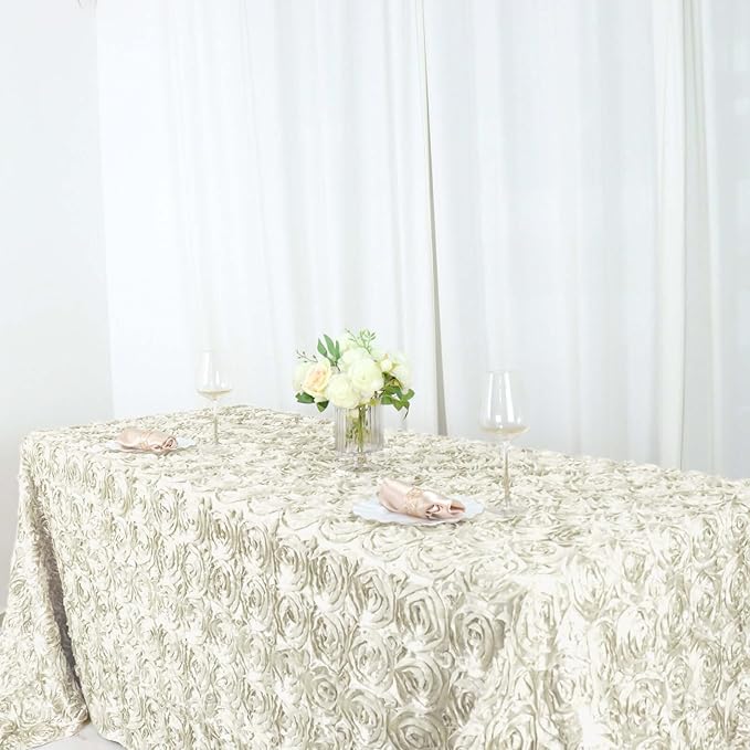 Efavormart 90"x156" Wholesale Rectangle Table Cover Ivory Grandiose Rosette 3D Satin Tablecloth for Wedding Party Event Decoration