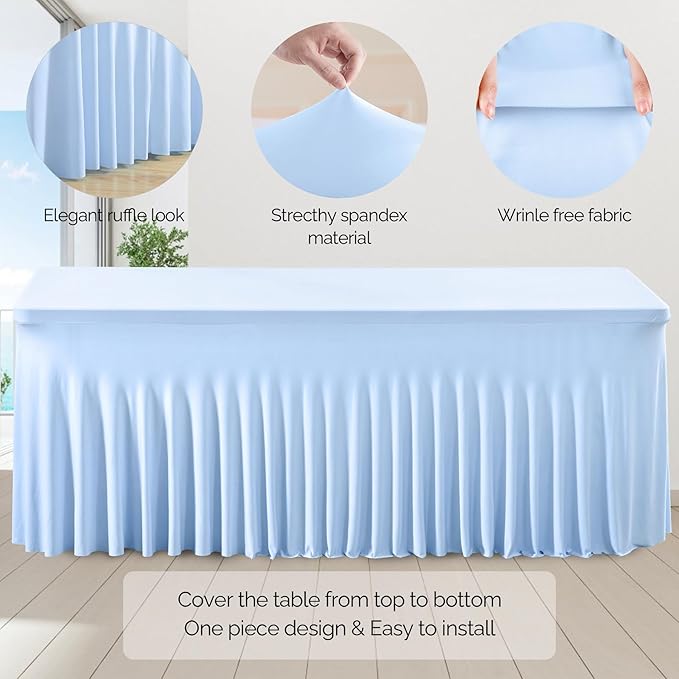 2 Pack Baby Blue Spandex Table Clothes for 6 Foot Rectangle Tables, 6FT Wrinkle Free Fitted Tablecloths Ruffles Design Table Cover for Party, Banquet, Wedding and Events