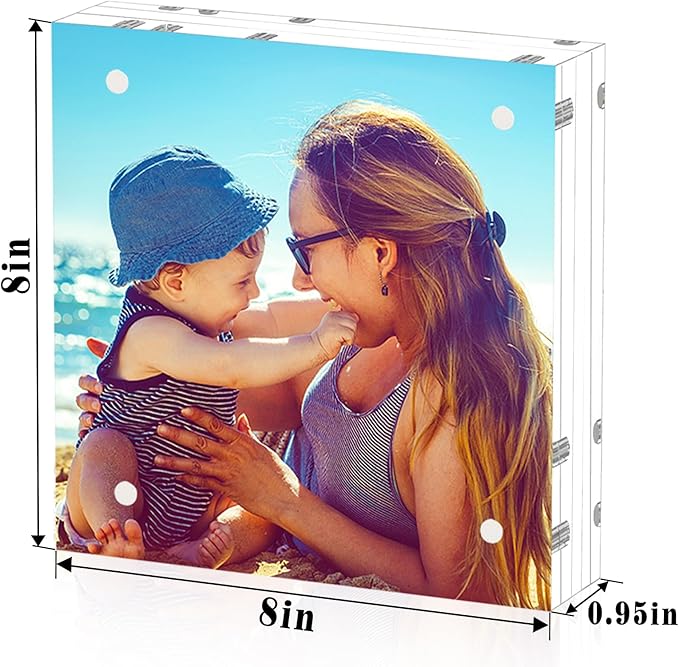 HELPLEX 2 Pack 8x8 Acrylic Picture Frames, 24mm Thicker Square Frameless Clear Frame Double Sided Magnetic Frame, Free Standing Desktop Display Stand