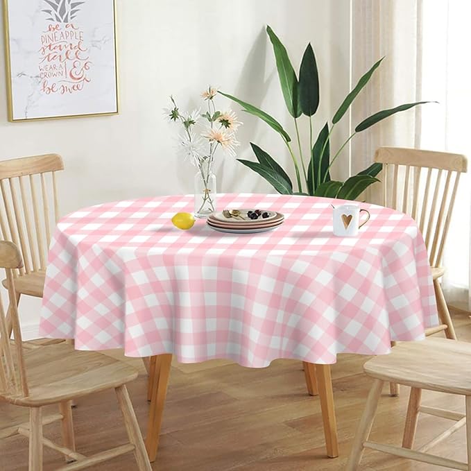 QIKSION Pink Gingham Round Tablecloth 3 Pack, 84 Inch Plastic Checkered Table Cover Disposable for Parties