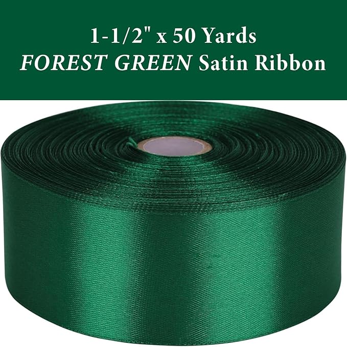 1-1/2" x 50 Yards Forest Green Satin Ribbon Single Faced Fabric Ribbons for Gift Wrapping, Crafting, Floral Arrangements, Flower Bouquet, Wedding, Home Decor