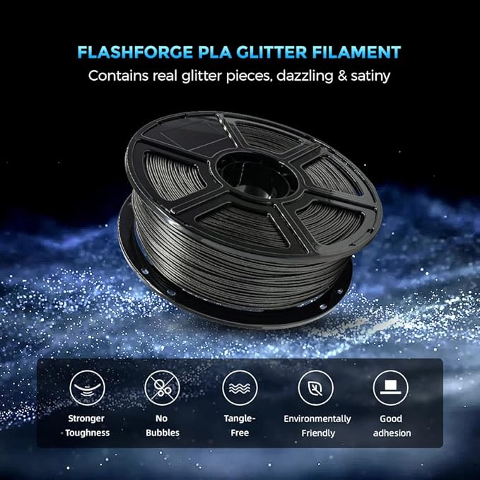 FLASHFORGE 3D Printer Filament, PLA Galaxy Filament 1.75mm, 1KG Spool (2.2lbs), Dimensional Accuracy +/- 0.02mm for FDM 3D Printers, Better Tenacity & No Knotting (Black)
