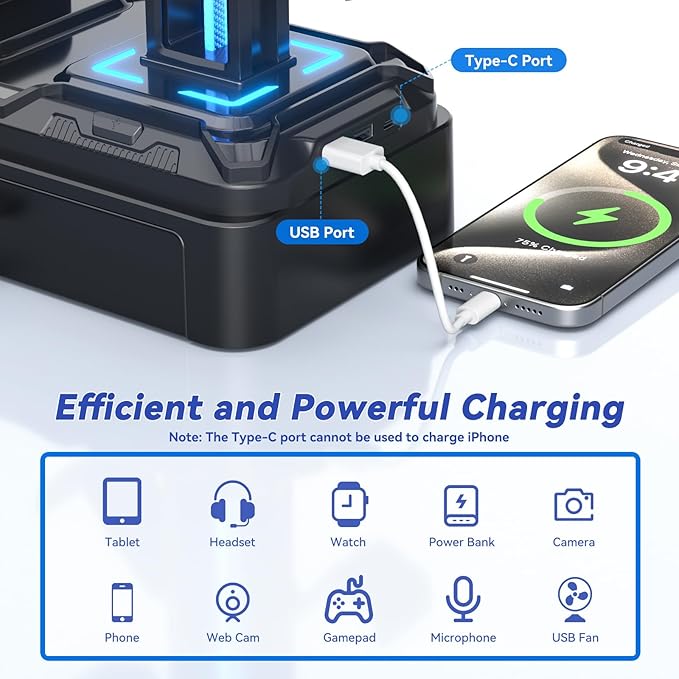 KDD Headphone Stand with USB A&C Charger Ports - RGB Controller Stand with Detachable Hooks - Rotatable Headset Hanger & Device Slot for Phones/Tablets - Drawer Storage Base for Gaming Desk Organizer