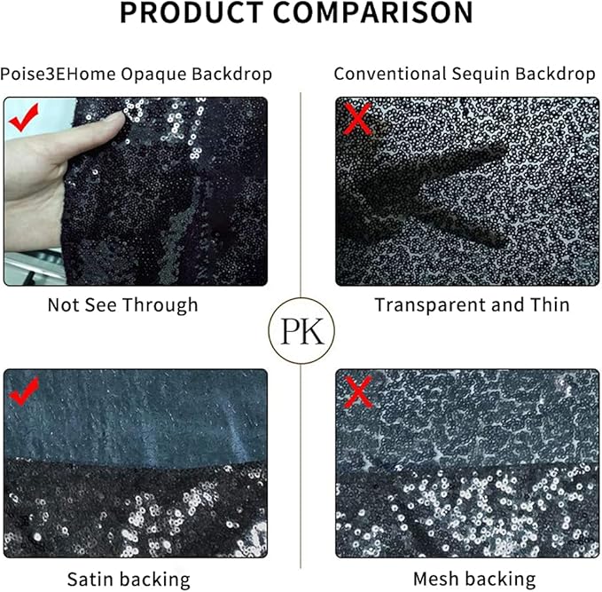 Poise3EHome Black Sequin Backdrop (6Ft x 6Ft),Thick Satin Black Sequin Photo Backdrop Curtain,Sparkly Opaque Photography Curtain Sequence Xmas Thanksgiving Backdrop for Wedding Party Decor