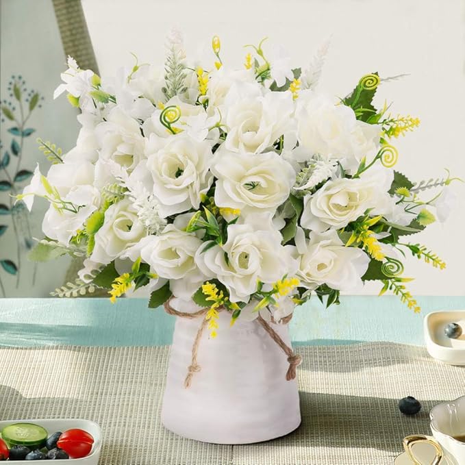 LESING Artificial Flowers with Vase for Table Centerpieces,Fake Silk Gardenia Flower in Vase Decoration for Home Office Party (White)